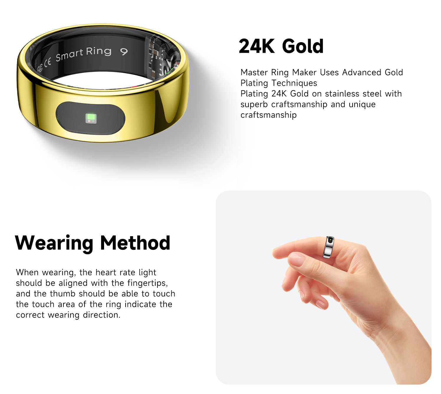 IMIKI Smart Ring, Health & Sleep Monitoring, Smart Touch Control, 5ATM Waterproof, 5-7 Days Battery Life - 9# (Inside Diameter 19.2mm), Golden