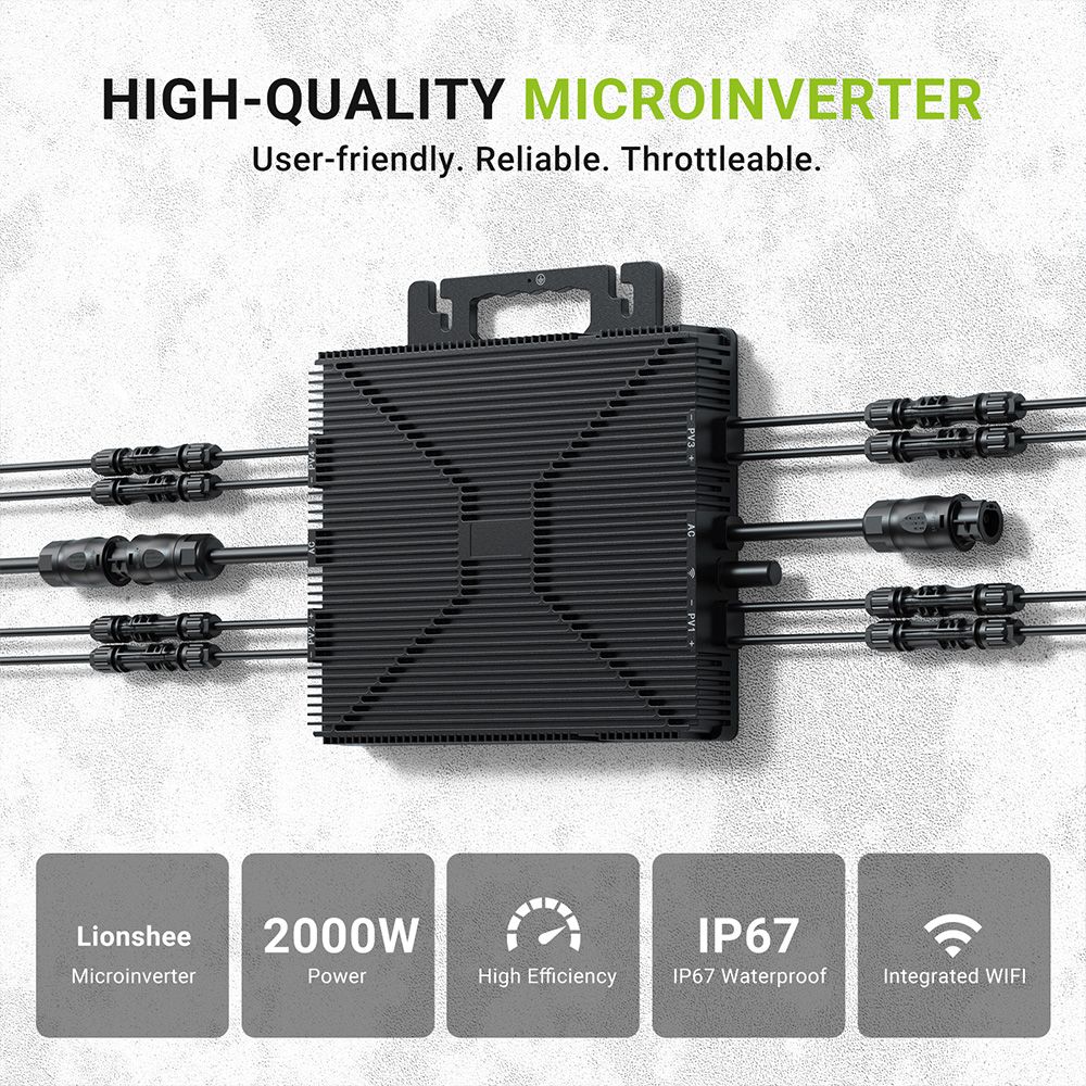 LIONSHEE LS-L2000M Micro Inverter, 4 MPPTs, 230V Output, 96% Peak Efficiency, IP67 Waterproof, Wi-Fi Smart Monitoring