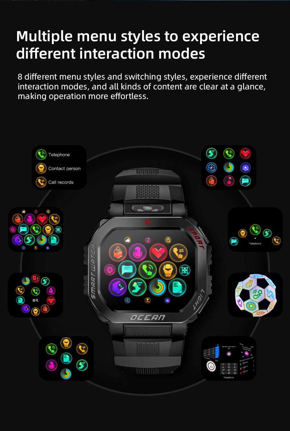 LOKMAT OCEAN GT Smartwatch, 1.75 inch Screen, Flashlight & Compass, Al Voice Assistant, Bluetooth Calling, 3ATM Waterproof, Health Monitoring, 100+ Sports Modes - Black