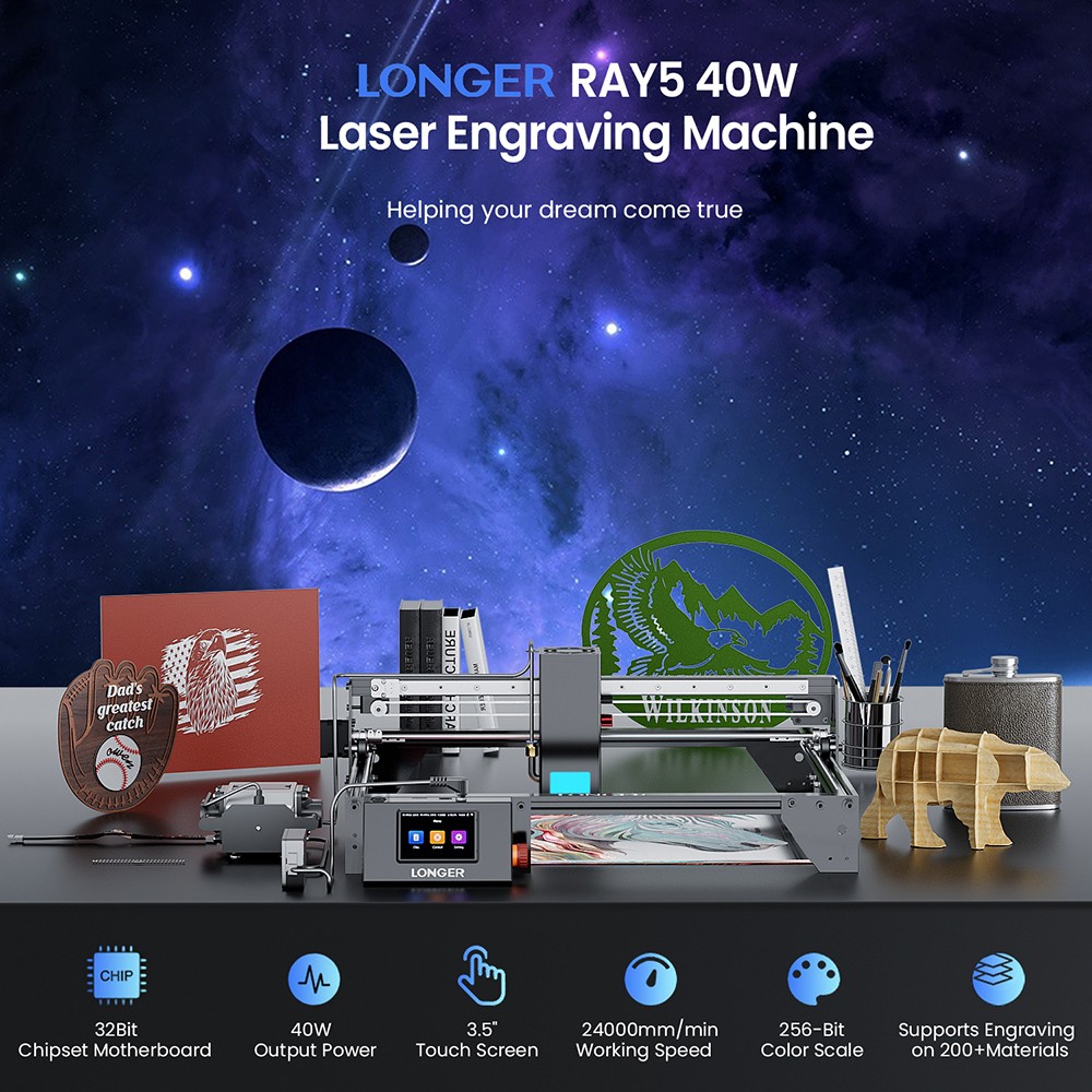 Laserový gravírovací stroj LONGER RAY5 40W, rýchlosť 24000 mm/min, 0.10×0,15mm laserový bod, pracovná plocha 385×385mm, 8-diódy s FAC, jednoprechodový rez 20mm basového dreva/0.15mm nerezová oceľ