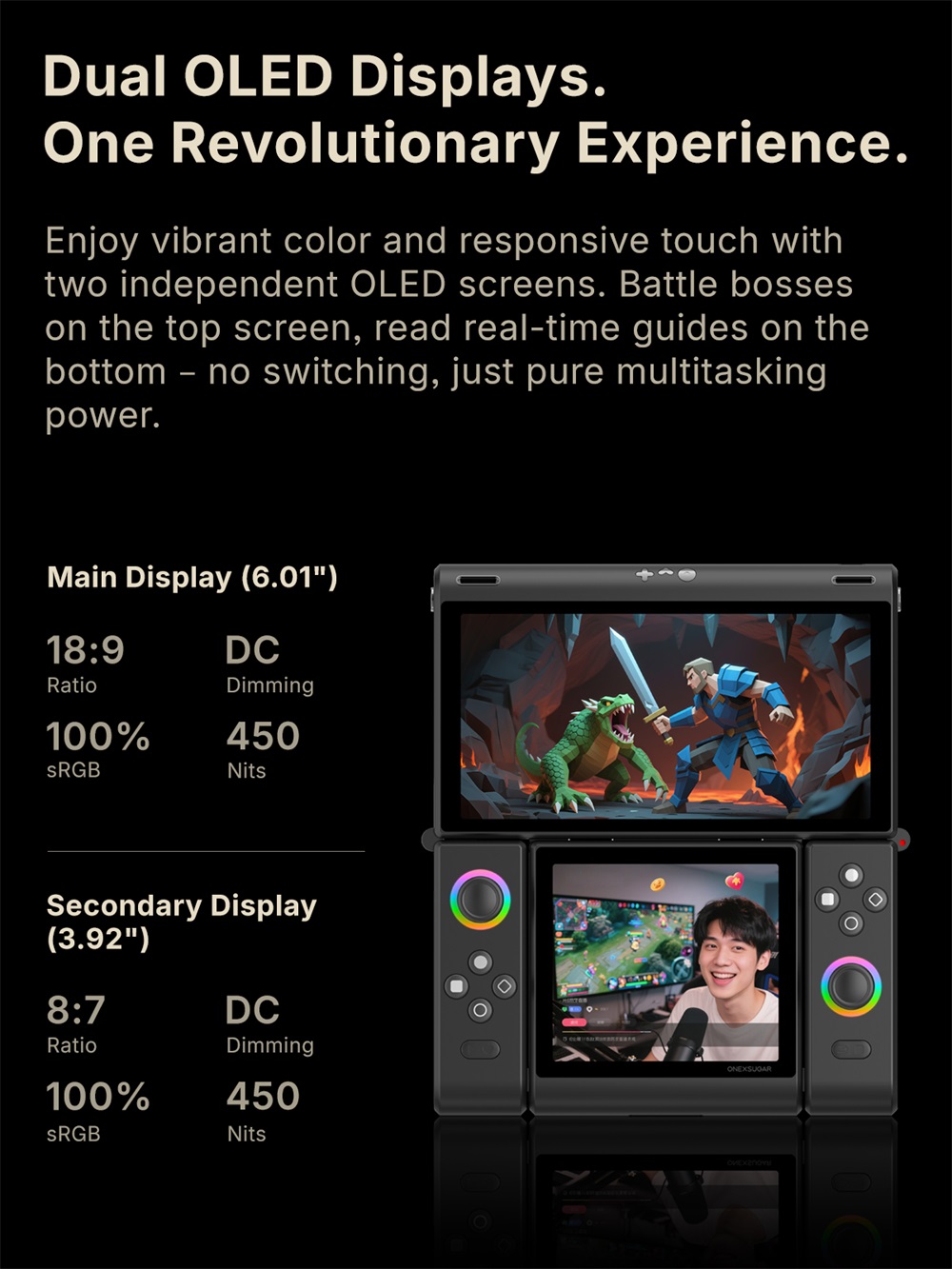 One Netbook ONEXSUGAR Sugar 1 Convertible Dual-screen Handheld Console, 6.01& 3.92 inch OLED Screen, Snapdragon G3 Gen 3, Android 14, 16GB RAM 512GB Storage, Hall Effect Joysticks, RGB Lights, 5600mAh Battery, WiFi 7 Bluetooth 5.3 - Black
