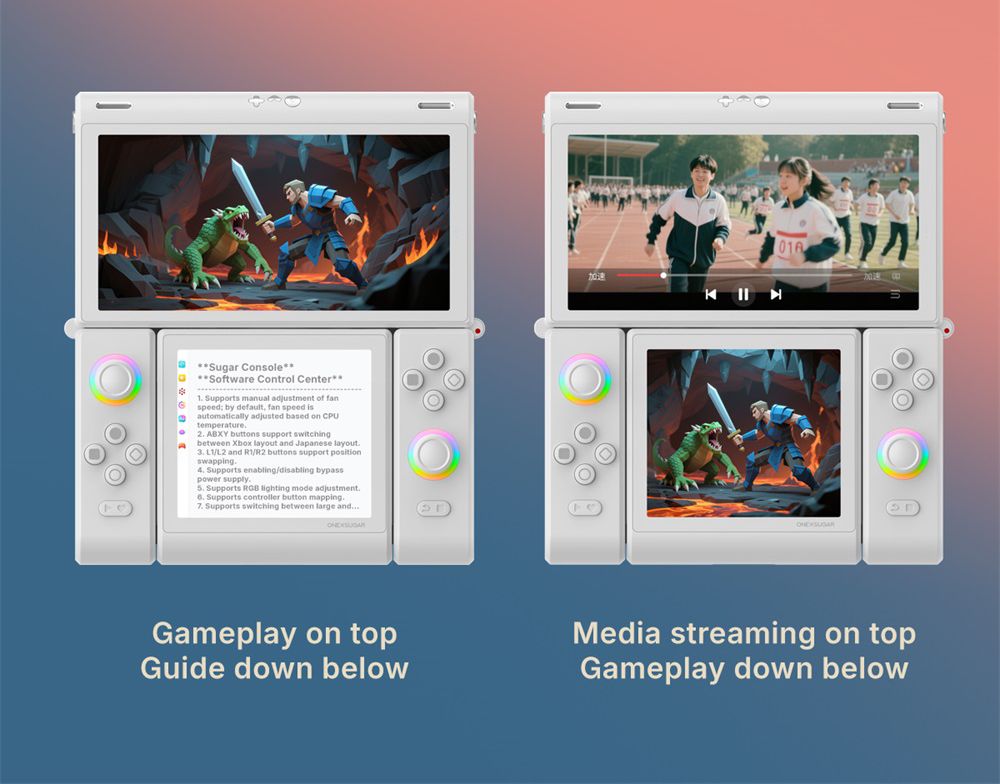 One Netbook ONEXSUGAR Sugar 1 Convertible Dual-screen Handheld Console, 6.01& 3.92 inch OLED Screen, Snapdragon G3 Gen 3, Android 14, 16GB RAM 512GB Storage, Hall Effect Joysticks, RGB Lights, 5600mAh Battery, WiFi 7 Bluetooth 5.3 - Black