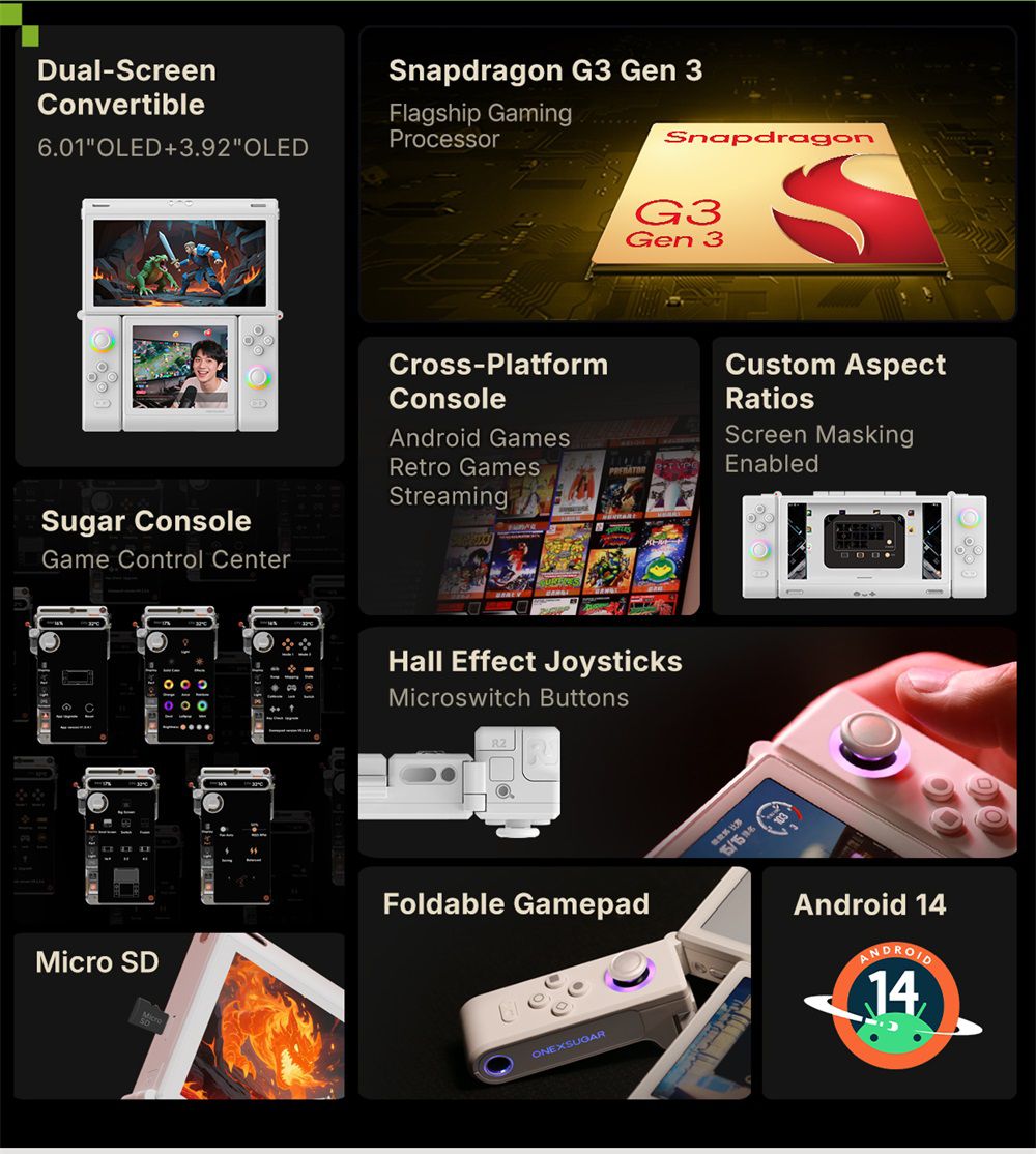 One Netbook ONEXSUGAR Sugar 1 Convertible Dual-screen Handheld Console, 6.01& 3.92 inch OLED Screen, Snapdragon G3 Gen 3, Android 14, 16GB RAM 512GB Storage, Hall Effect Joysticks, RGB Lights, 5600mAh Battery, WiFi 7 Bluetooth 5.3 - Black