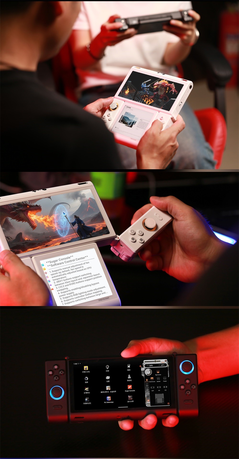 One Netbook ONEXSUGAR Sugar 1 Convertible Dual-screen Handheld Console, 6.01& 3.92 inch OLED Screen, Snapdragon G3 Gen 3, Android 14, 16GB RAM 512GB Storage, Hall Effect Joysticks, RGB Lights, 5600mAh Battery, WiFi 7 Bluetooth 5.3 - Black