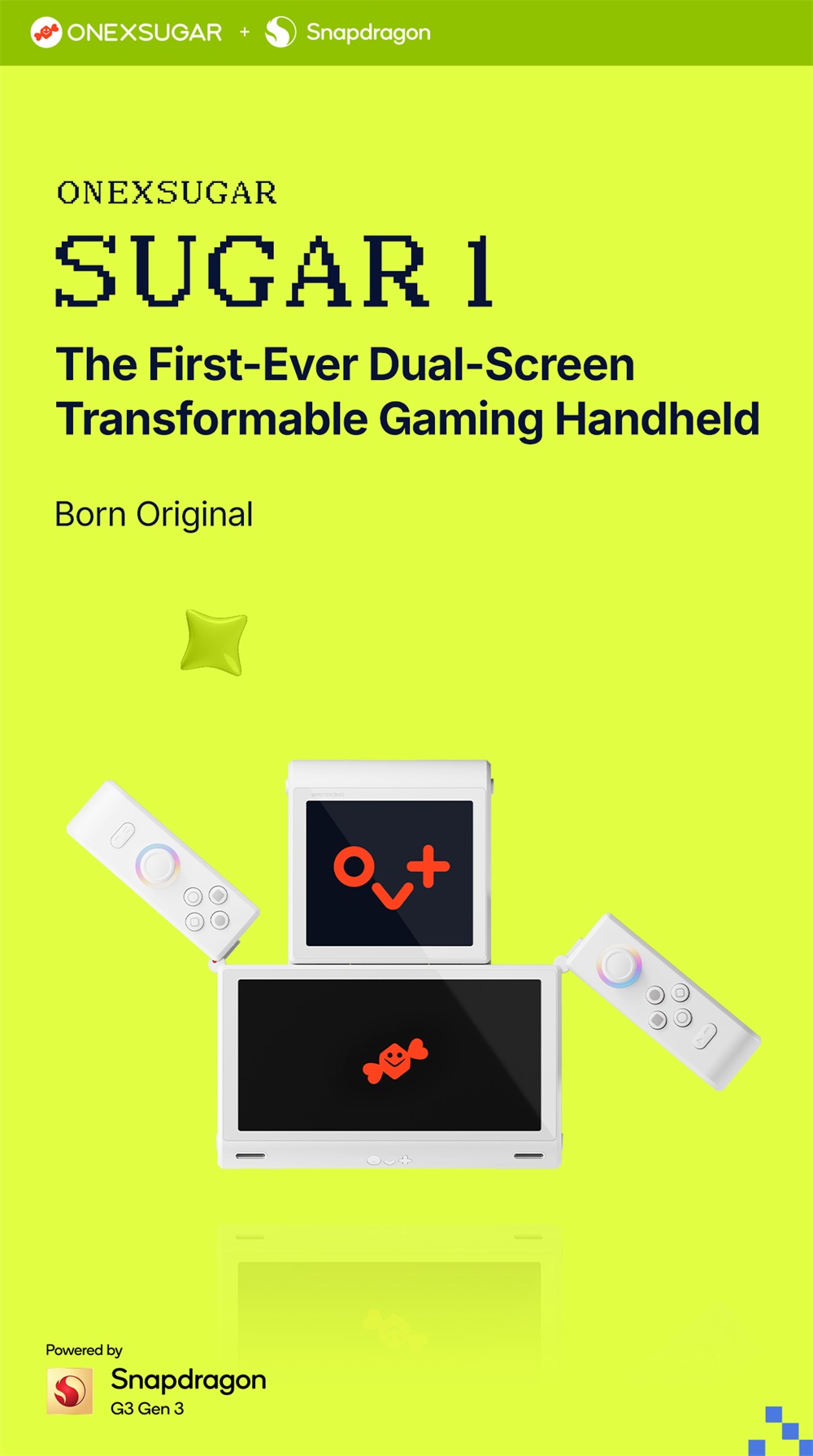 One Netbook ONEXSUGAR Sugar 1 Convertible Dual-screen Handheld Console, 6.01& 3.92 inch OLED Screen, Snapdragon G3 Gen 3, Android 14, 16GB RAM 512GB Storage, Hall Effect Joysticks, RGB Lights, 5600mAh Battery, WiFi 7 Bluetooth 5.3 - White