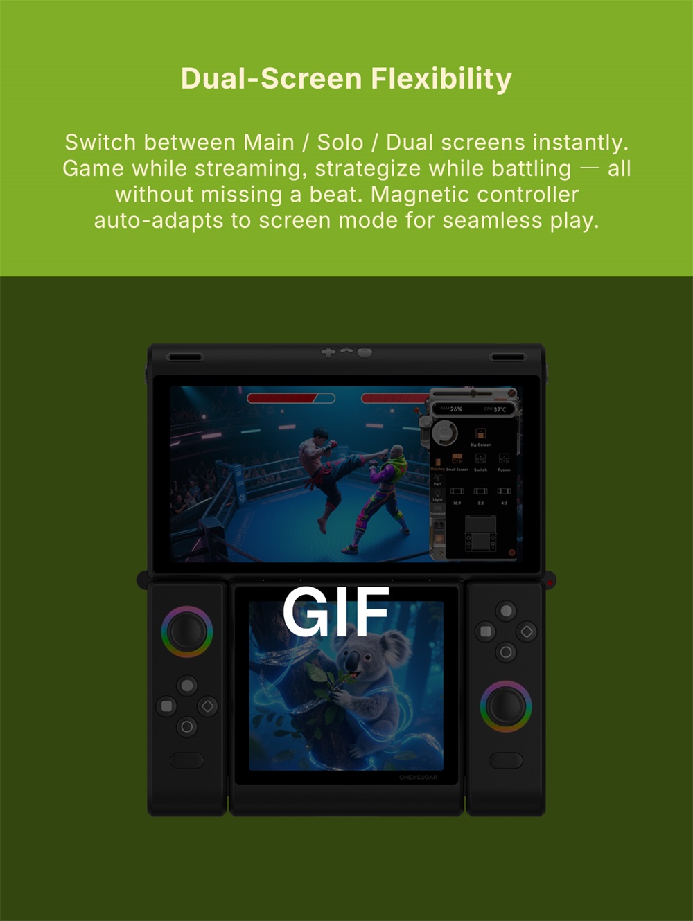 One Netbook ONEXSUGAR Sugar 1 Convertible Dual-screen Handheld Console, 6.01& 3.92 inch OLED Screen, Snapdragon G3 Gen 3, Android 14, 16GB RAM 512GB Storage, Hall Effect Joysticks, RGB Lights, 5600mAh Battery, WiFi 7 Bluetooth 5.3 - White