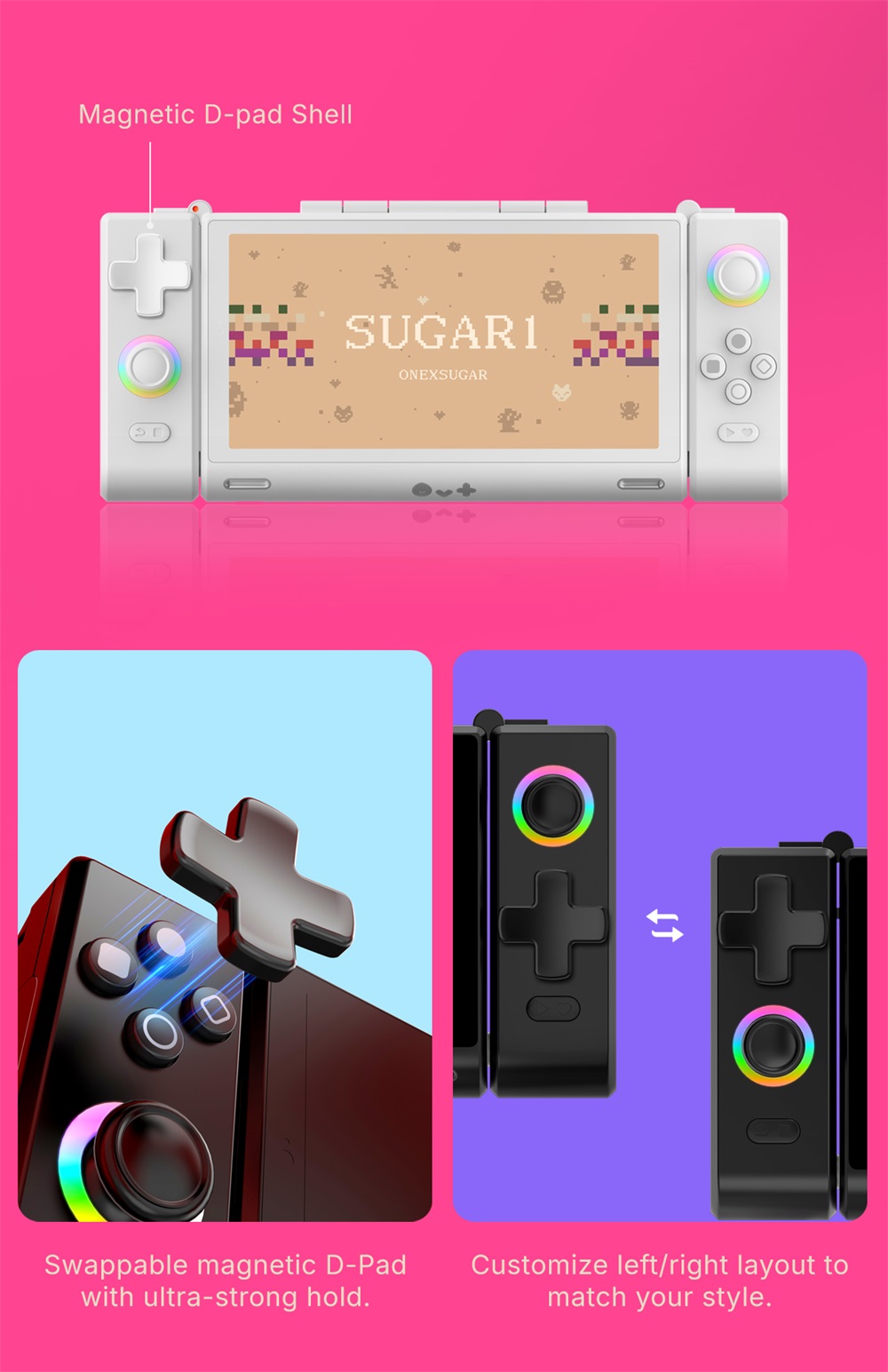 One Netbook ONEXSUGAR Sugar 1 Convertible Dual-screen Handheld Console, 6.01& 3.92 inch OLED Screen, Snapdragon G3 Gen 3, Android 14, 16GB RAM 512GB Storage, Hall Effect Joysticks, RGB Lights, 5600mAh Battery, WiFi 7 Bluetooth 5.3 - White