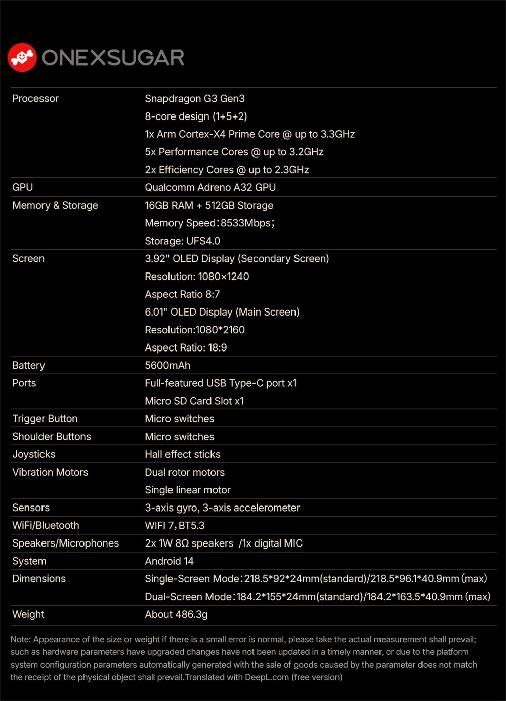 One Netbook ONEXSUGAR Sugar 1 Convertible Dual-screen Handheld Console, 6.01& 3.92 inch OLED Screen, Snapdragon G3 Gen 3, Android 14, 16GB RAM 512GB Storage, Hall Effect Joysticks, RGB Lights, 5600mAh Battery, WiFi 7 Bluetooth 5.3 - White