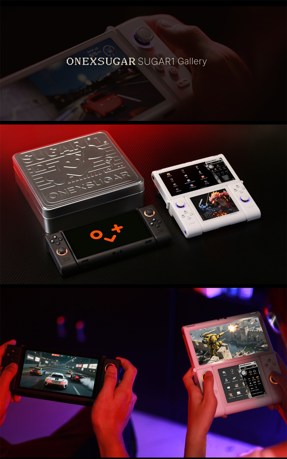 One Netbook ONEXSUGAR Sugar 1 Convertible Dual-screen Handheld Console, 6.01& 3.92 inch OLED Screen, Snapdragon G3 Gen 3, Android 14, 16GB RAM 512GB Storage, Hall Effect Joysticks, RGB Lights, 5600mAh Battery, WiFi 7 Bluetooth 5.3 - White