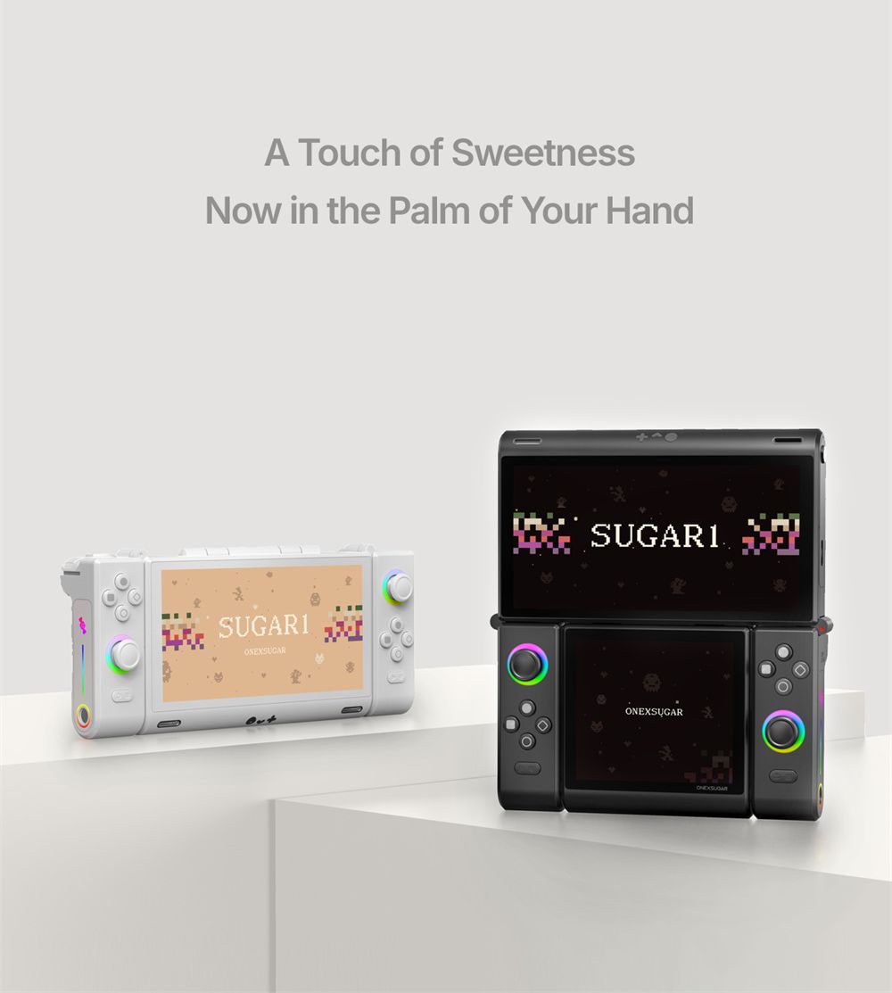 One Netbook ONEXSUGAR Sugar 1 Convertible Dual-screen Handheld Console, 6.01& 3.92 inch OLED Screen, Snapdragon G3 Gen 3, Android 14, 16GB RAM 512GB Storage, Hall Effect Joysticks, RGB Lights, 5600mAh Battery, WiFi 7 Bluetooth 5.3 - White