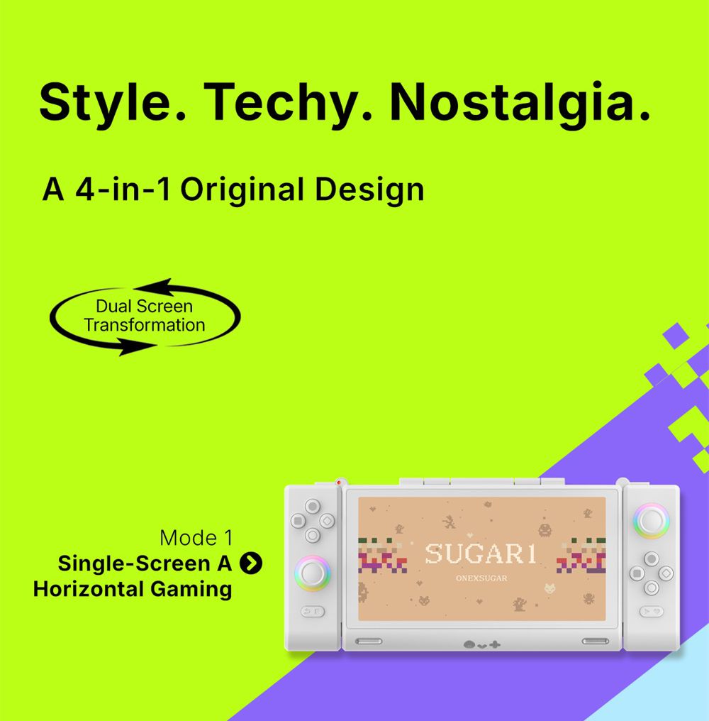 One Netbook ONEXSUGAR Sugar 1 Convertible Dual-screen Handheld Console, 6.01& 3.92 inch OLED Screen, Snapdragon G3 Gen 3, Android 14, 16GB RAM 512GB Storage, Hall Effect Joysticks, RGB Lights, 5600mAh Battery, WiFi 7 Bluetooth 5.3 - White