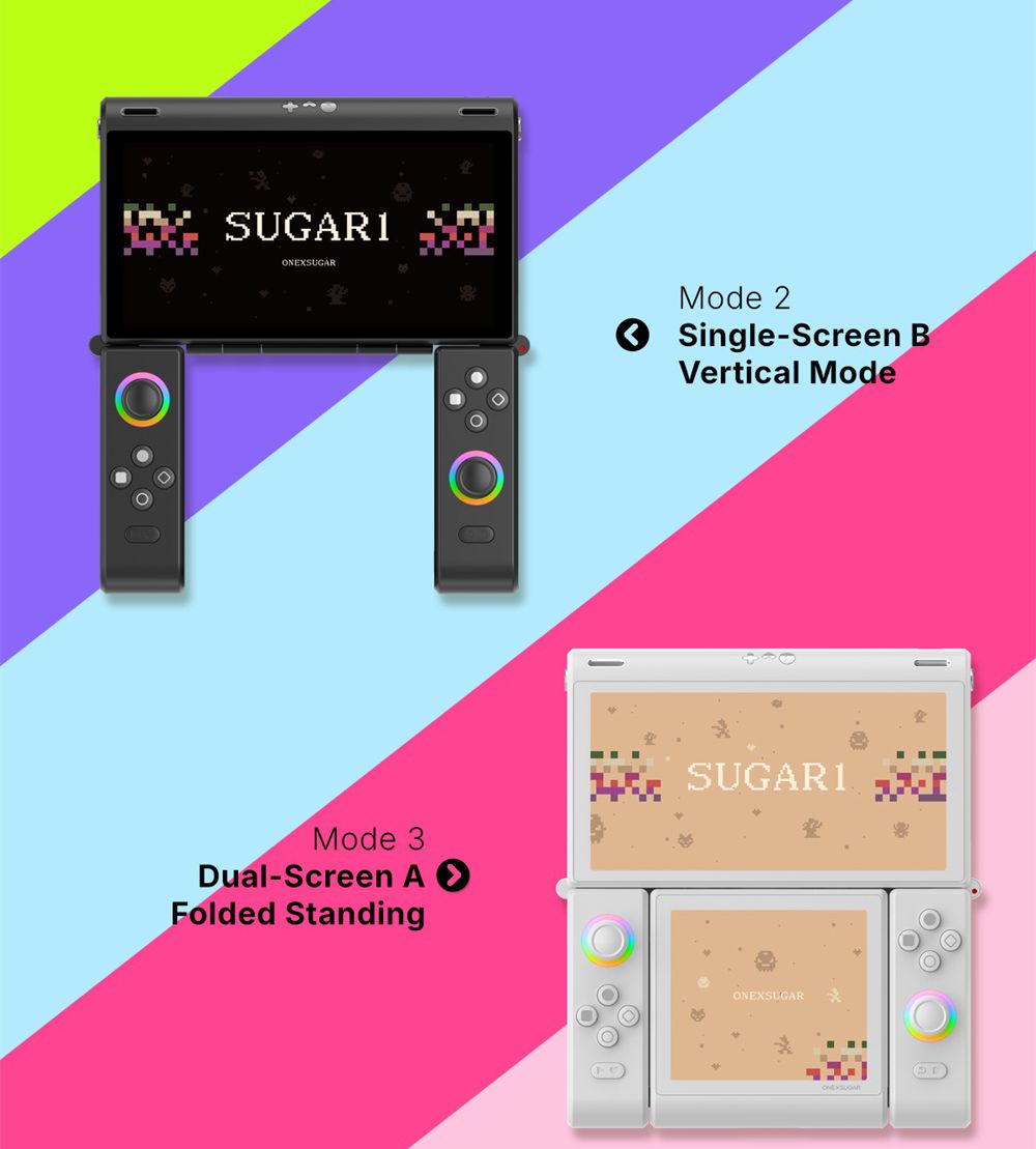 One Netbook ONEXSUGAR Sugar 1 Convertible Dual-screen Handheld Console, 6.01& 3.92 inch OLED Screen, Snapdragon G3 Gen 3, Android 14, 16GB RAM 512GB Storage, Hall Effect Joysticks, RGB Lights, 5600mAh Battery, WiFi 7 Bluetooth 5.3 - White