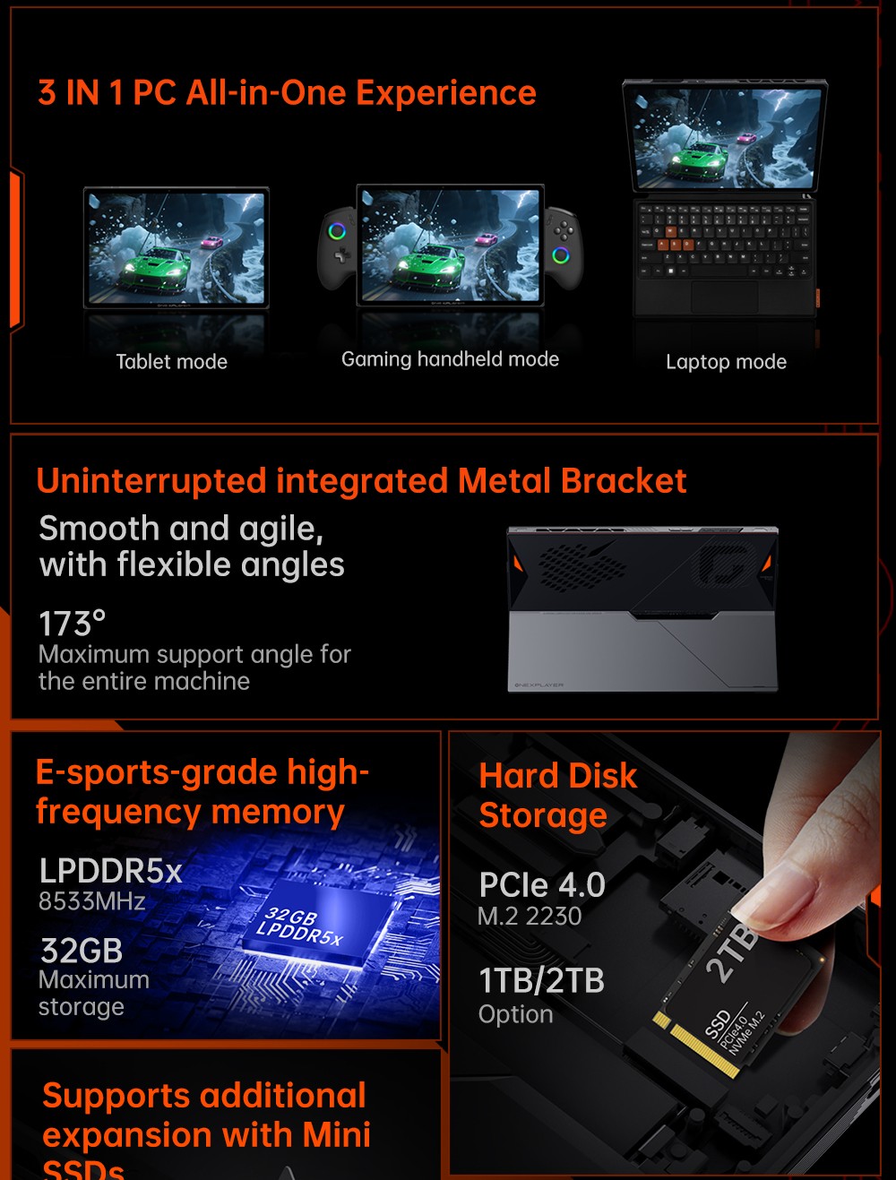 One Netbook OneXPlayer X1 Air Portable 3-in-1 Gaming PC, Intel Core Ultra 7 258V 8 Cores Max 4.8GHz, 10.95 inch 2560*1600 120Hz Screen, 32GB LPDDR5X RAM 1TB SSD, Facial & Fingerprint Unlock, 2*USB4.0, 1*USB3.2, 1*TF Card, 1*Mini SSD Slot - EU Plug