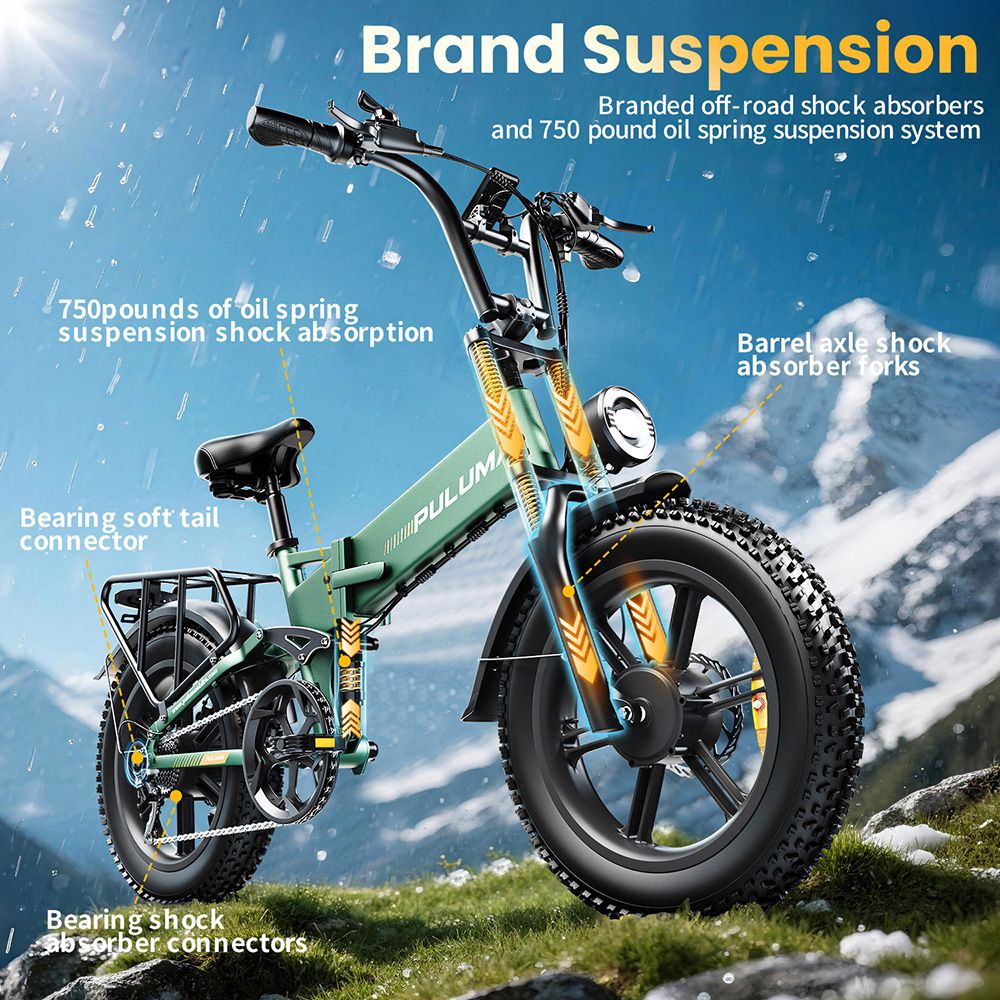 Elektrický bicykel PULUMA PE500, 2*500W motor, 48V 17,5Ah batéria, 20*4.0 palcové pneumatiky, max. rýchlosť 40 km/h, max. dojazd 150 km, hydraulické olejové brzdy, odpruženie olejovou pružinou, 7-rýchlostný prevod Shimano, LCD displej