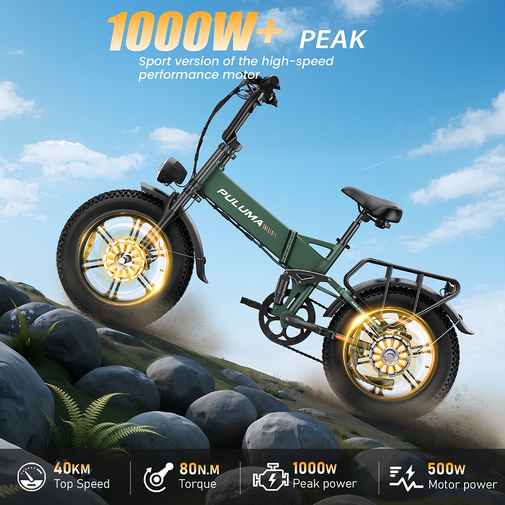 PULUMA PE500 Electric Bike, 2*500W Motor, 48V 17.5Ah batéria, 20*4.0 palcové pneumatiky, max. rýchlosť 40 km/h, max. dojazd 150 km, hydraulické olejové brzdy, odpruženie olejovou pružinou, 7-rýchlostný prevod Shimano, LCD displej