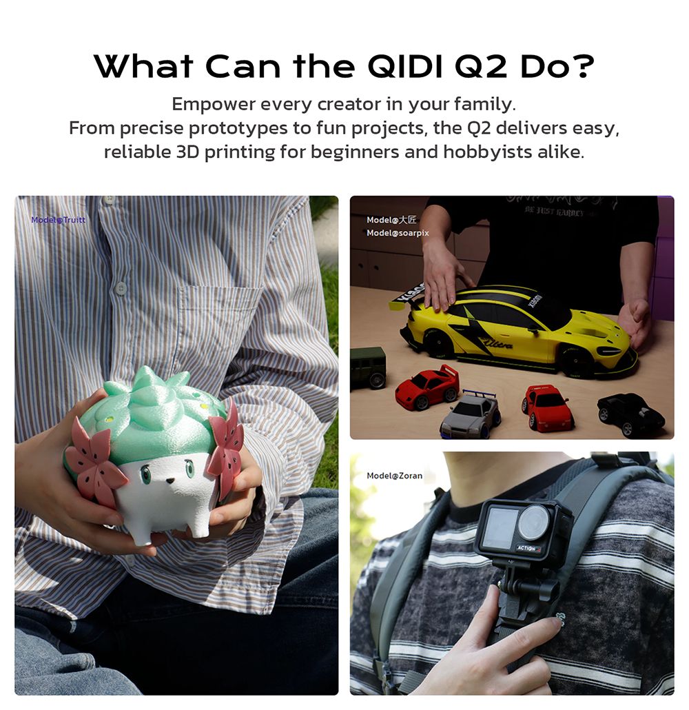 QIDI TECH Q2 3D tlačiareň, vysoká rýchlosť 600 mm/s, horúci koniec 370°C, uzavretá komora 65°C, automatické vyrovnávanie, AI kamera, veľký stavebný objem 270×270×256 mm, kompatibilný s PLA/ABS/PETG/TPU a pokročilými materiálmi