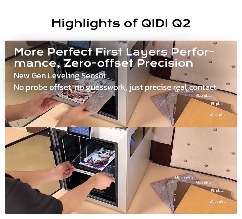 QIDI TECH Q2 3D tlačiareň, vysoká rýchlosť 600 mm/s, horúci koniec 370°C, uzavretá komora 65°C, automatické vyrovnávanie, AI kamera, veľký stavebný objem 270×270×256 mm, kompatibilný s PLA/ABS/PETG/TPU a pokročilými materiálmi