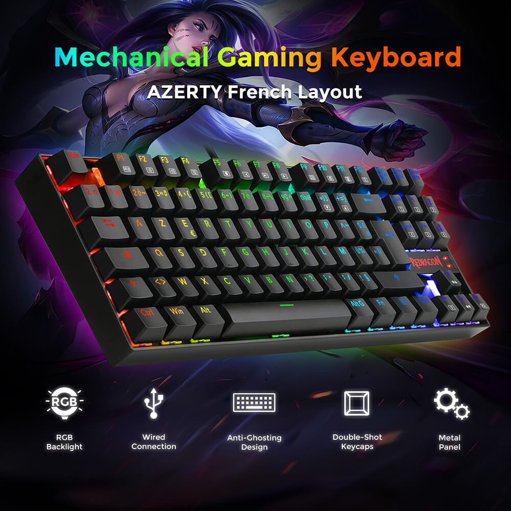 Redragon K552P-KR-FR RGB Backlight TKL Mechanical Keyboard Compact 88 Keys AZERTY FR Layout Red Switch - Black