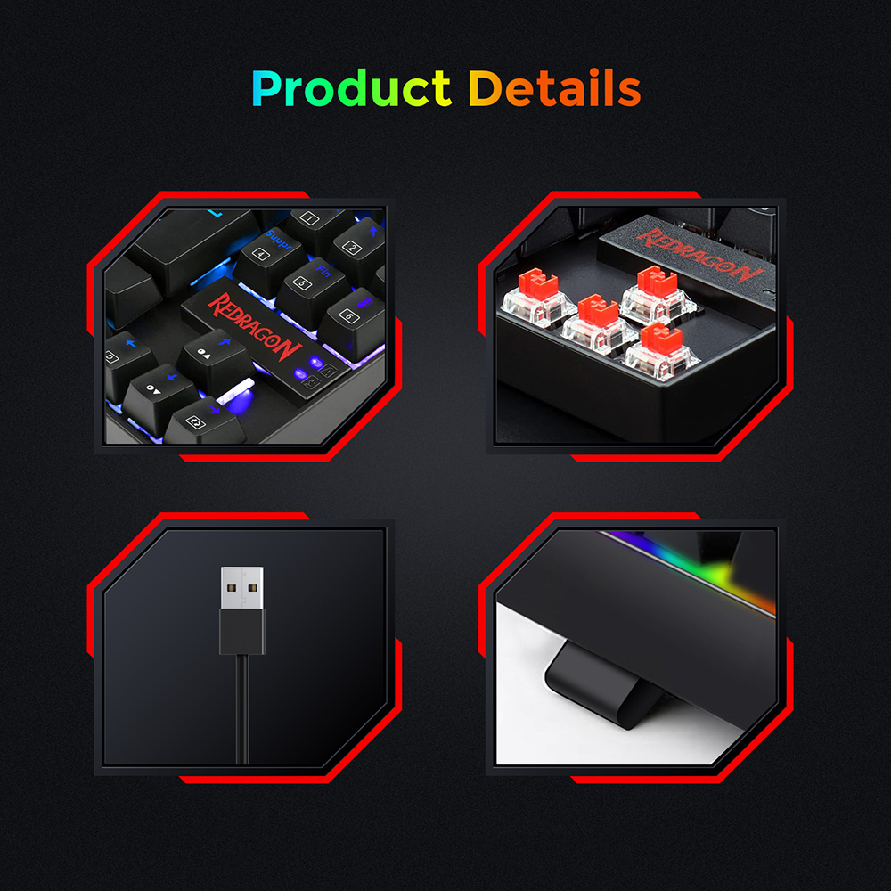 Redragon K552P-KR-FR RGB Backlight TKL Mechanical Keyboard Compact 88 Keys AZERTY FR Layout Red Switch - Black