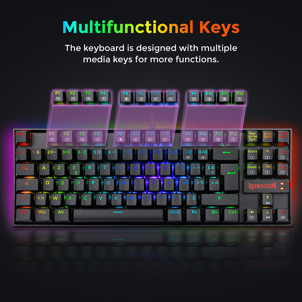 Redragon K552P-KR-FR RGB Backlight TKL Mechanical Keyboard Compact 88 Keys AZERTY FR Layout Red Switch - Black