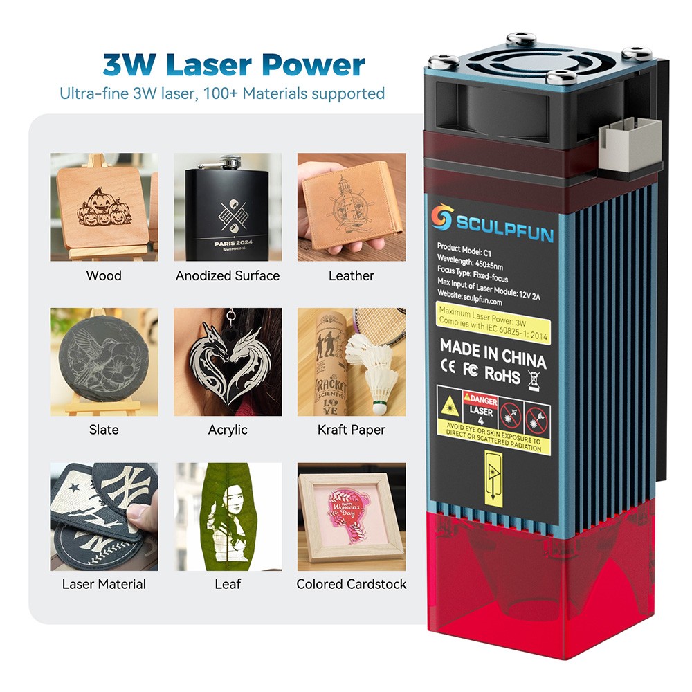 SCULPFUN C1 3W Mini laserový gravírovací stroj, 10000mm/min, gravírovacia plocha 150*130mm, 0.04mm ultrajemný stlačený bod, 100nm-500nm účinná filtrácia