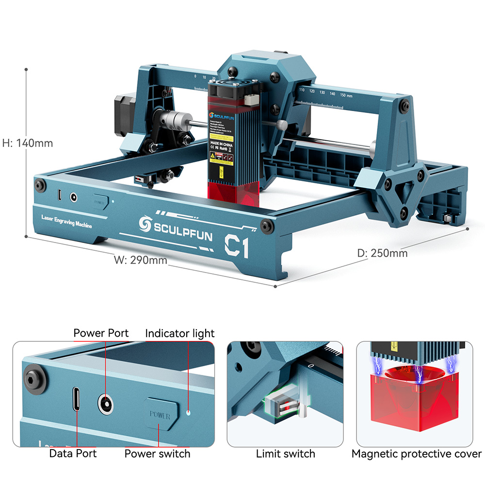 SCULPFUN C1 3W Mini laserový gravírovací stroj, 10000 mm/min, gravírovacia plocha 150*130 mm, 0.04mm ultrajemný stlačený bod, 100nm-500nm účinná filtrácia
