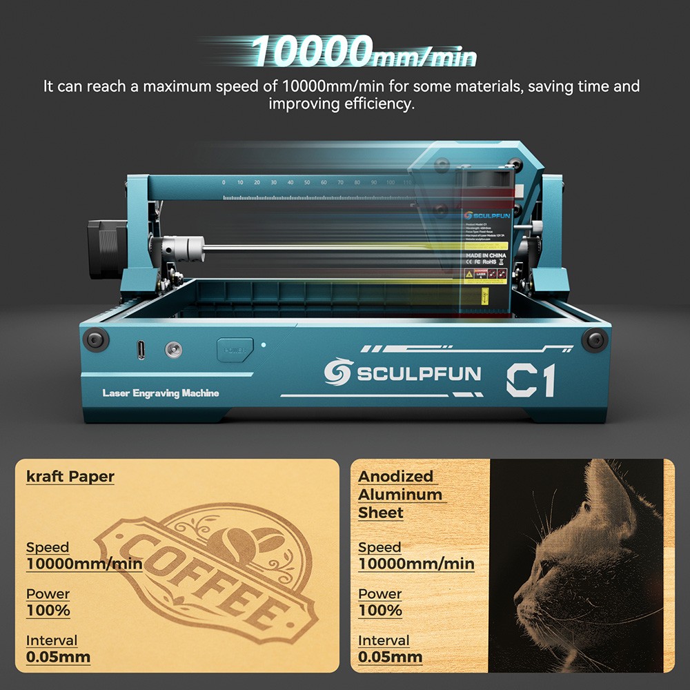 SCULPFUN C1 3W Mini laserový gravírovací stroj, 10000mm/min, gravírovacia plocha 150*130mm, 0.04mm ultrajemný stlačený bod, 100nm-500nm účinná filtrácia