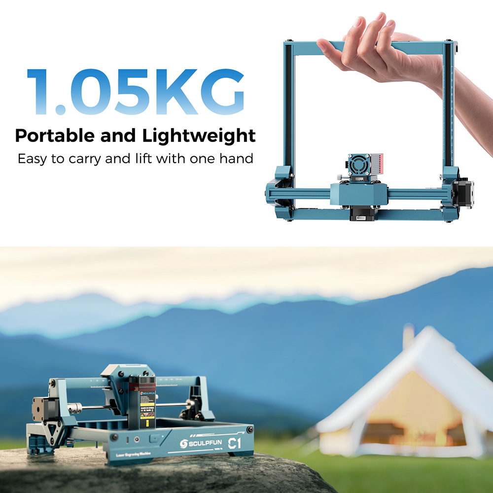 SCULPFUN C1 3W Mini laserový gravírovací stroj, 10000mm/min, gravírovacia plocha 150*130mm, 0.04mm ultrajemný stlačený bod, 100nm-500nm účinná filtrácia