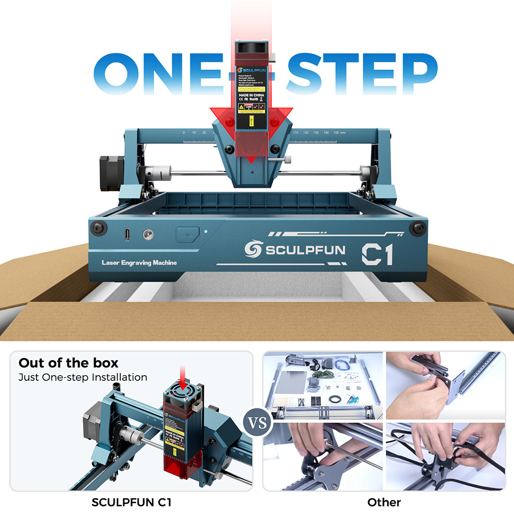 SCULPFUN C1 3W Mini laserový gravírovací stroj, 10000 mm/min, gravírovacia plocha 150*130 mm, 0.04mm ultrajemný stlačený bod, 100nm-500nm účinná filtrácia