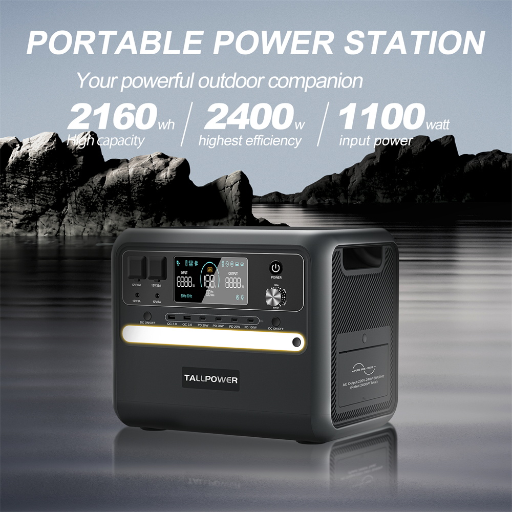 TALLPOWER V2400 Portable Power Station, 2400W AC Output, 2160Wh LiFePO4 Battery, Solar Generator, Adjustable Input Power, UPS Function, LED Light, 16 Outputs - Black