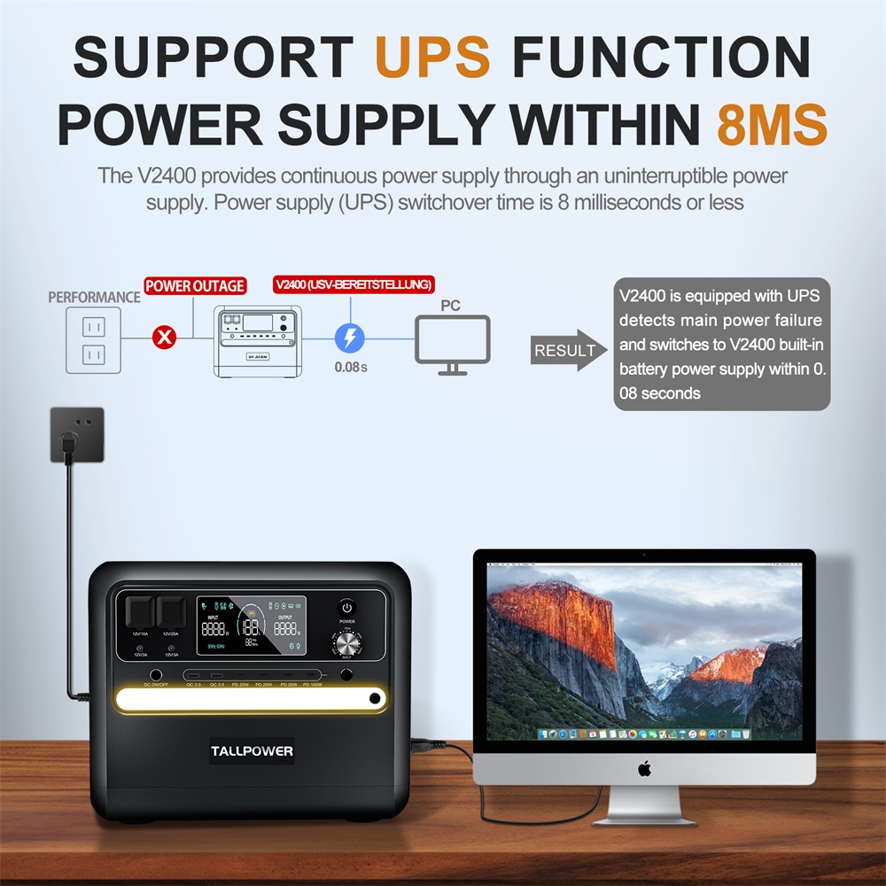 TALLPOWER V2400 Portable Power Station, 2400W AC Output, 2160Wh LiFePO4 Battery, Solar Generator, Adjustable Input Power, UPS Function, LED Light, 16 Outputs - Black