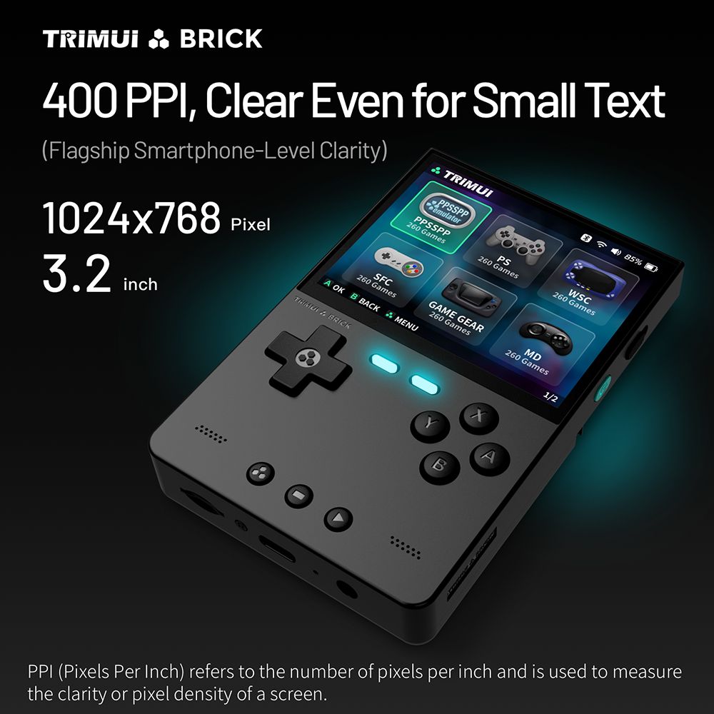 Trimui Brick Handheld-Spielkonsole, 64GB TF-Karte, 3,2-Zoll 1024*768 IPS-Bildschirm, 8GB eMMC-Speicher, 5 Stunden Akkulaufzeit, Typ-C Schnellladung - Schwarz