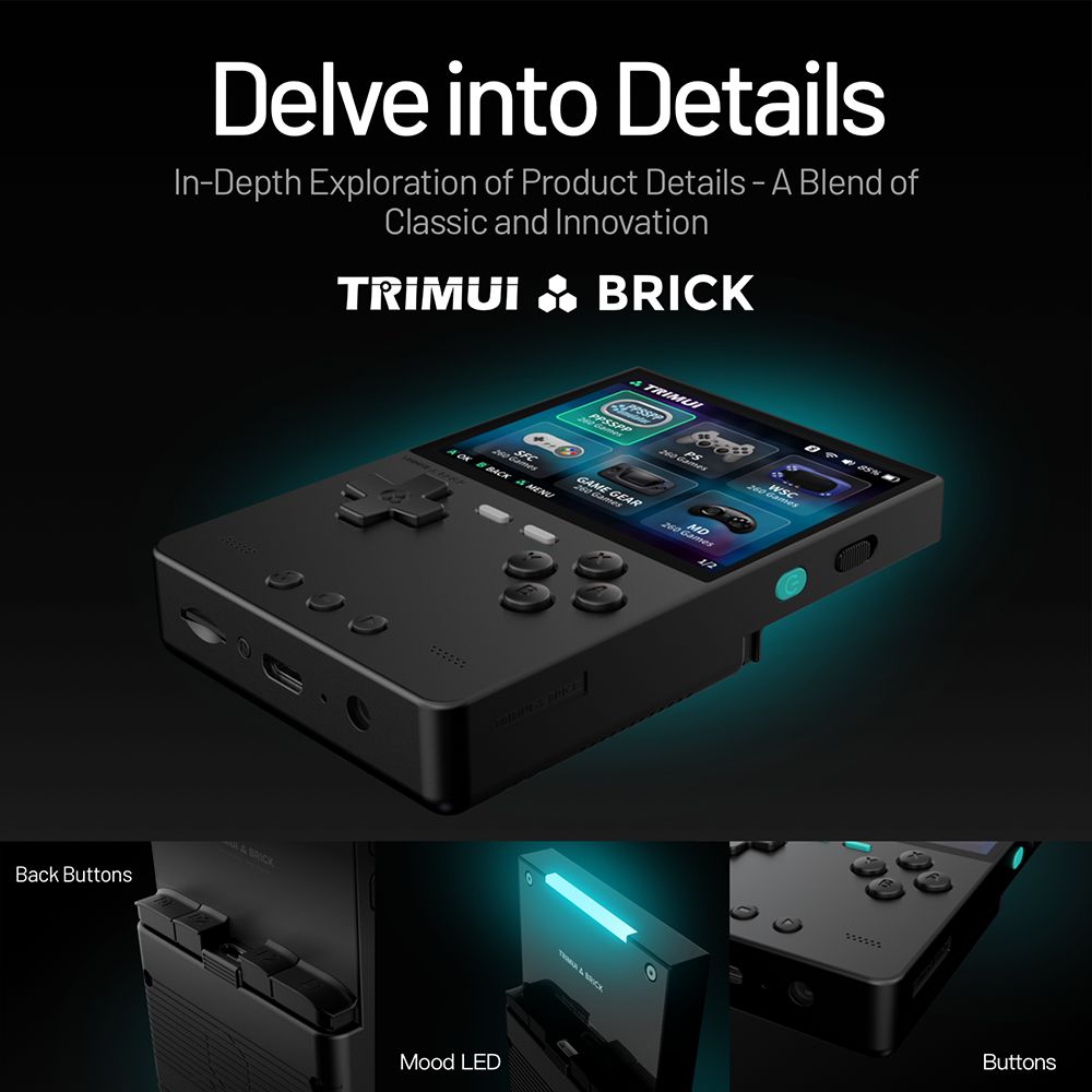 Trimui Brick Handheld-Spielkonsole, 64GB TF-Karte, 3,2-Zoll 1024*768 IPS-Bildschirm, 8GB eMMC-Speicher, 5 Stunden Akkulaufzeit, Typ-C Schnellladung - Schwarz