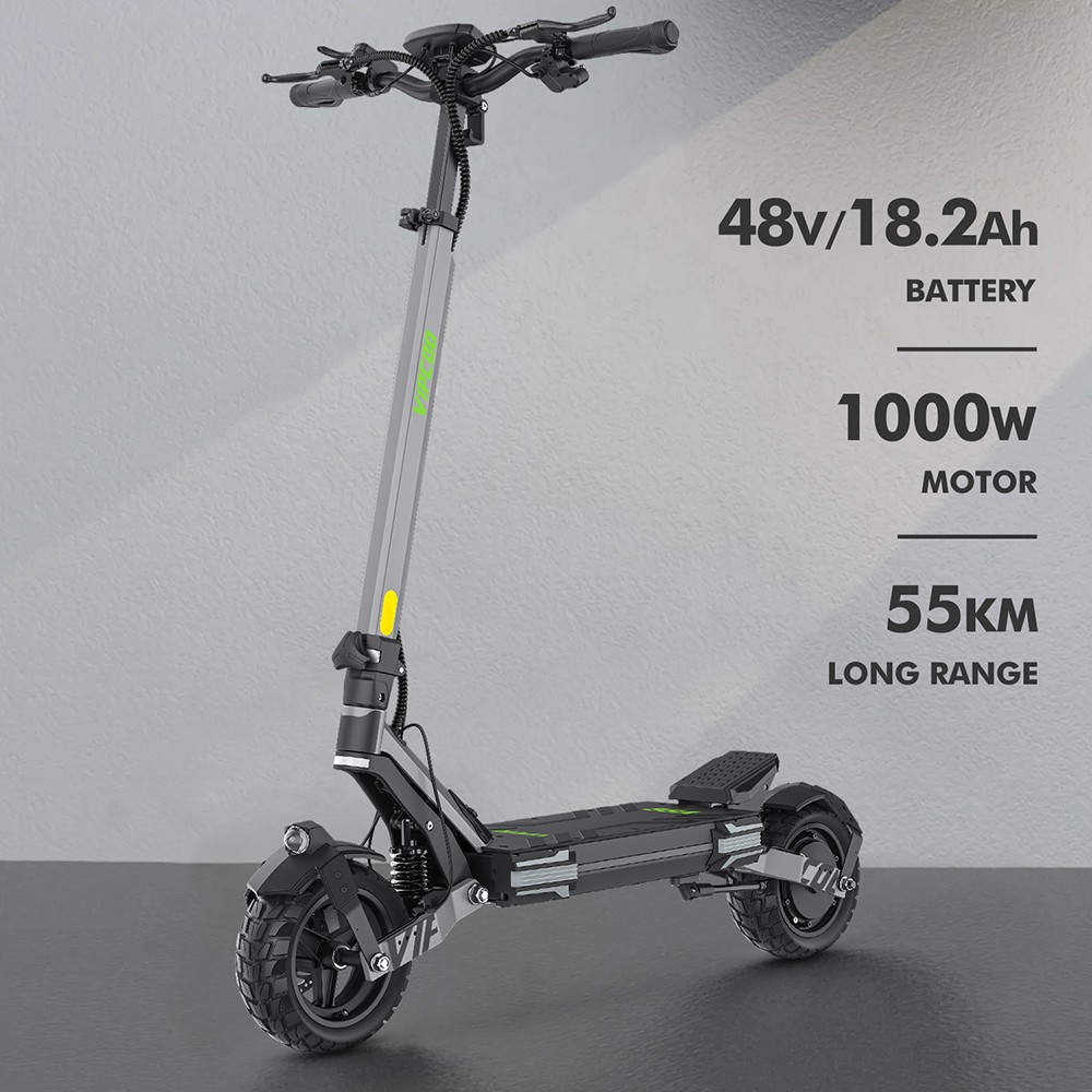 Vipcoo VS6 Electric Scooter, 1000W Motor, 48V 18.2Ah batéria, 10 palcové pneumatiky, max. rýchlosť 25 km/h, dojazd 55 km, predné a zadné mechanické kotúčové brzdy, predné a zadné tlmenie pružín, inteligentný LED displej, odomykanie NFC