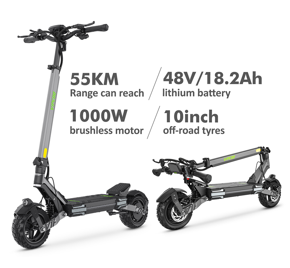 Vipcoo VS6 Electric Scooter, 1000W Motor, 48V 18.2Ah batéria, 10 palcové pneumatiky, max. rýchlosť 25 km/h, dojazd 55 km, predné a zadné mechanické kotúčové brzdy, predné a zadné tlmenie pružín, inteligentný LED displej, odomykanie NFC