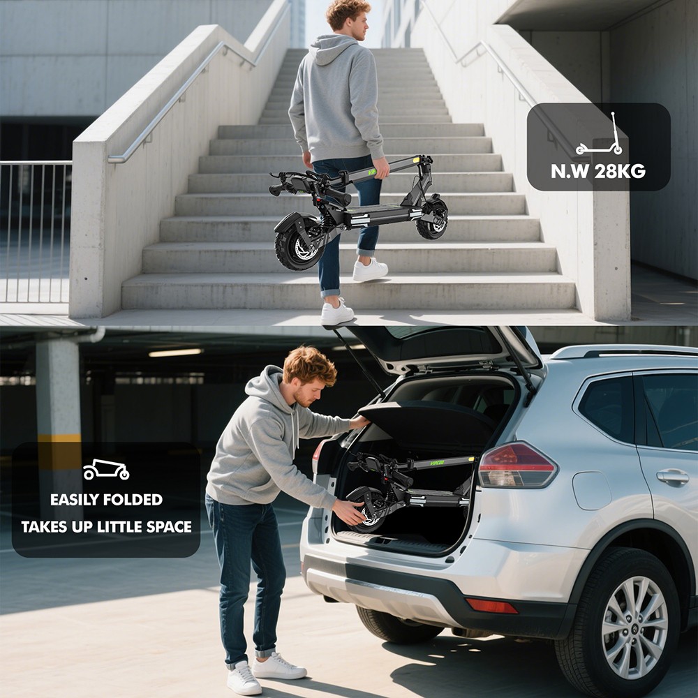 Vipcoo VS6 Electric Scooter, 1000W Motor, 48V 18.2Ah batéria, 10 palcové pneumatiky, max. rýchlosť 25 km/h, dojazd 55 km, predné a zadné mechanické kotúčové brzdy, predné a zadné tlmenie pružín, inteligentný LED displej, odomykanie NFC