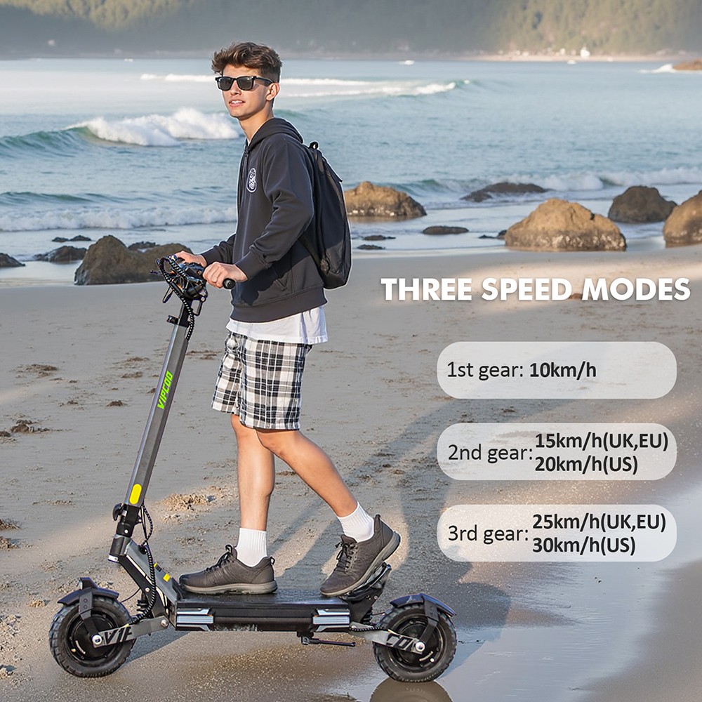 Vipcoo VS6 Electric Scooter, 1000W Motor, 48V 18.2Ah batéria, 10 palcové pneumatiky, max. rýchlosť 25 km/h, dojazd 55 km, predné a zadné mechanické kotúčové brzdy, predné a zadné tlmenie pružín, inteligentný LED displej, odomykanie NFC