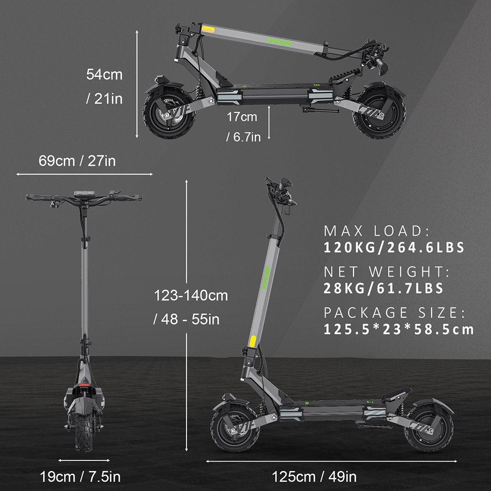 Vipcoo VS6 Electric Scooter, 1000W Motor, 48V 18.2Ah batéria, 10 palcové pneumatiky, max. rýchlosť 25 km/h, dojazd 55 km, predné a zadné mechanické kotúčové brzdy, predné a zadné tlmenie pružín, inteligentný LED displej, odomykanie NFC