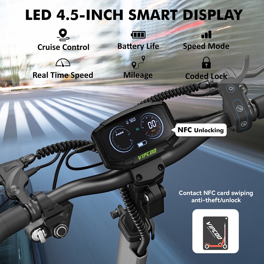 Vipcoo VS6 Electric Scooter, 1000W Motor, 48V 18.2Ah batéria, 10 palcové pneumatiky, max. rýchlosť 25 km/h, dojazd 55 km, predné &; zadné mechanické kotúčové brzdy, predné &; zadné tlmenie pružín, inteligentný LED displej, NFC odomykanie