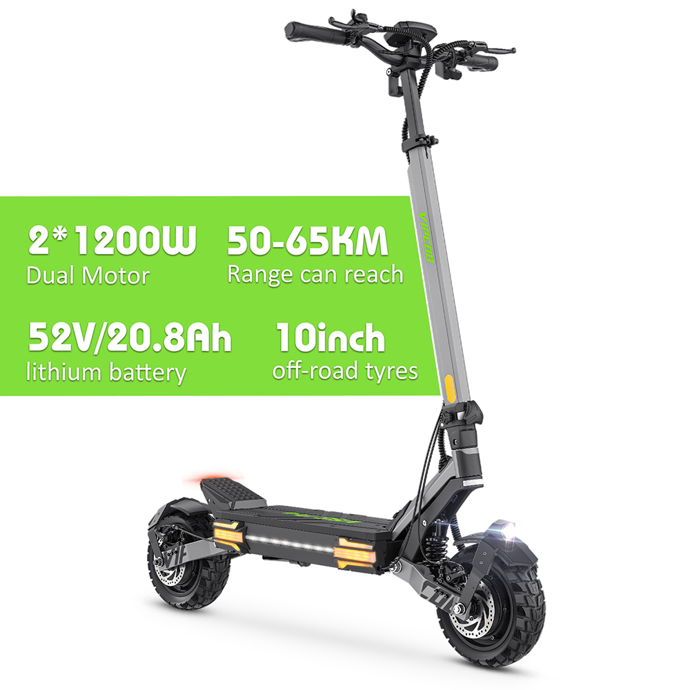 Vipcoo VS6 Pro Electric Scooter, 1200W*2 Motor, 52V 20.8Ah batéria, 10-palcové pneumatiky, max. rýchlosť 25 km/h, dojazd 65 km, predné a zadné mechanické kotúčové brzdy, predné a zadné tlmenie nárazov, LED displej, NFC odomykanie