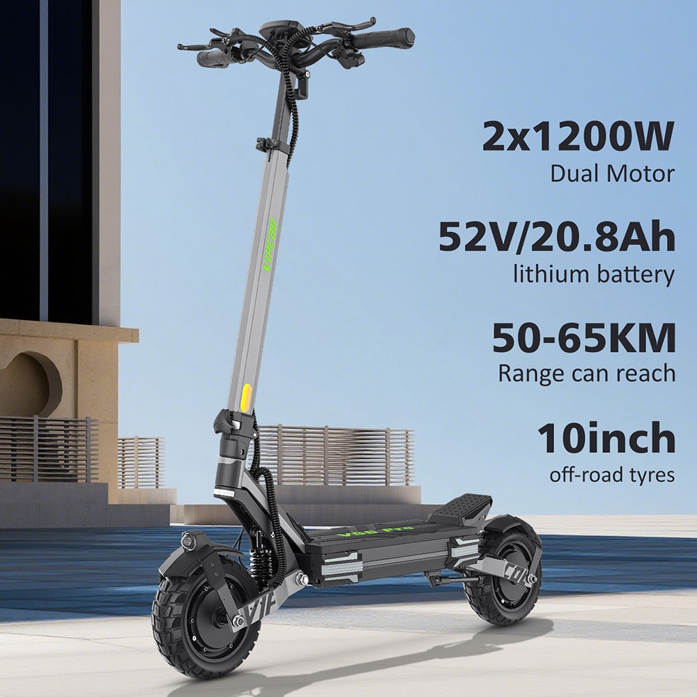 Vipcoo VS6 Pro Electric Scooter, 1200W*2 Motor, 52V 20.8Ah batéria, 10 palcové pneumatiky, max. rýchlosť 25 km/h, dojazd 65 km, predné a zadné mechanické kotúčové brzdy, predné a zadné tlmenie nárazov, LED displej, odomykanie NFC