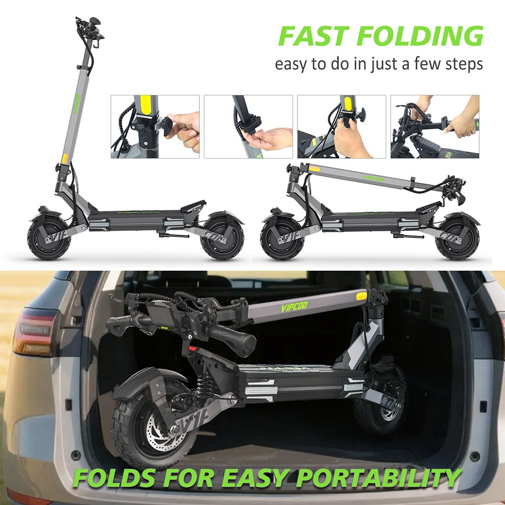 Vipcoo VS6 Pro Electric Scooter, 1200W*2 Motor, 52V 20.8Ah batéria, 10 palcové pneumatiky, max. rýchlosť 25 km/h, dojazd 65 km, predné a zadné mechanické kotúčové brzdy, predné a zadné tlmenie nárazov, LED displej, odomykanie NFC