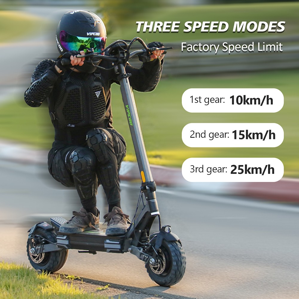 Vipcoo VS6 Pro Electric Scooter, 1200W*2 Motor, 52V 20.8Ah batéria, 10-palcové pneumatiky, max. rýchlosť 25 km/h, dojazd 65 km, predné a zadné mechanické kotúčové brzdy, predné a zadné tlmenie nárazov, LED displej, NFC odomykanie