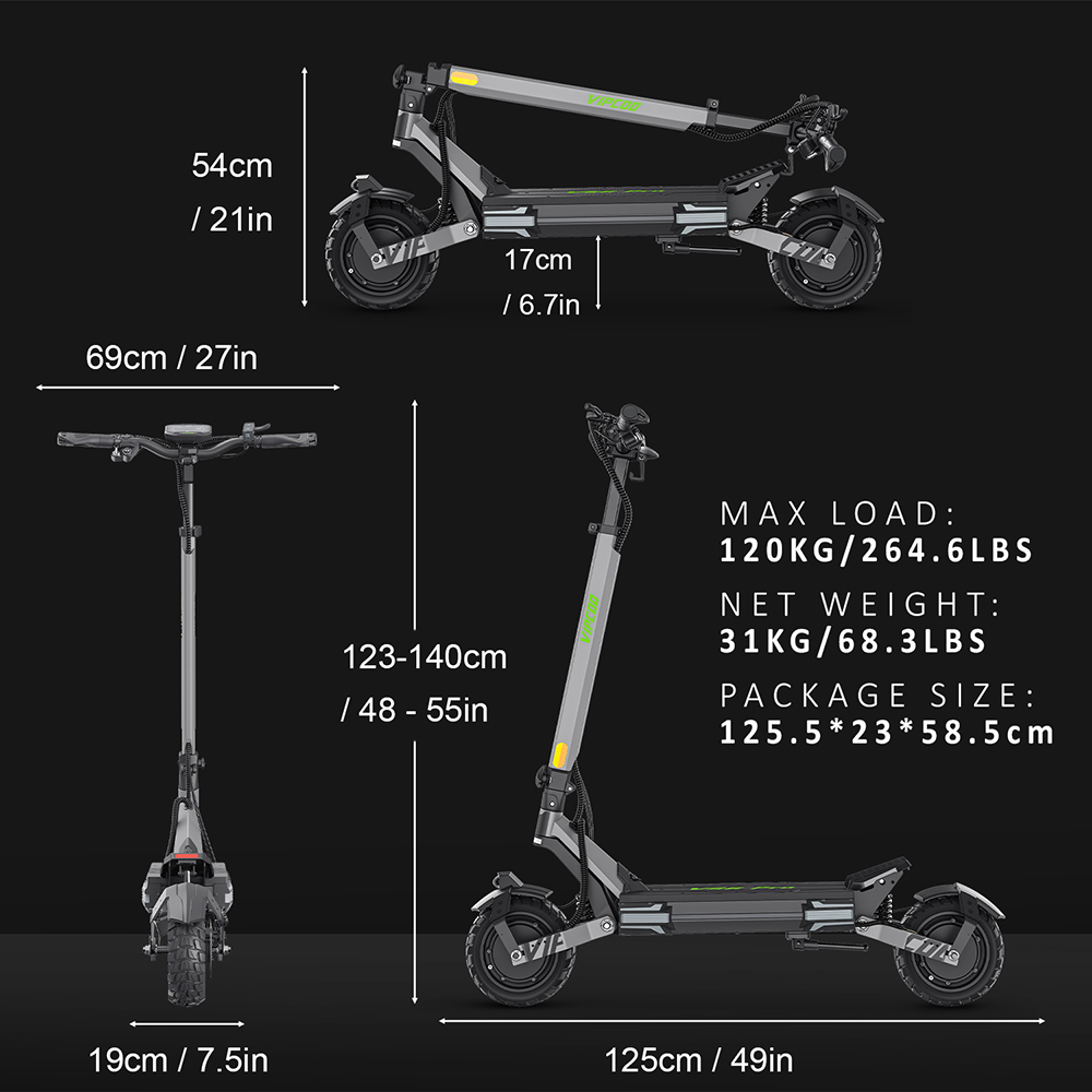 Vipcoo VS6 Pro Electric Scooter, 1200W*2 Motor, 52V 20.8Ah batéria, 10-palcové pneumatiky, max. rýchlosť 25 km/h, dojazd 65 km, predné a zadné mechanické kotúčové brzdy, predné a zadné tlmenie nárazov, LED displej, NFC odomykanie