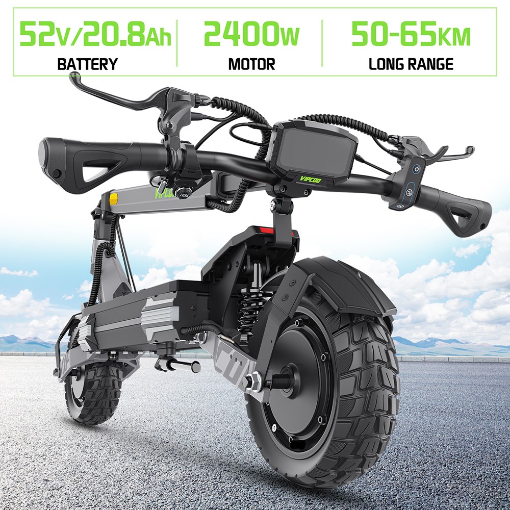 Vipcoo VS6 Pro Electric Scooter, 1200W*2 Motor, 52V 20.8Ah batéria, 10 palcové pneumatiky, max. rýchlosť 25 km/h, dojazd 65 km, predné a zadné mechanické kotúčové brzdy, predné a zadné tlmenie nárazov, LED displej, odomykanie NFC