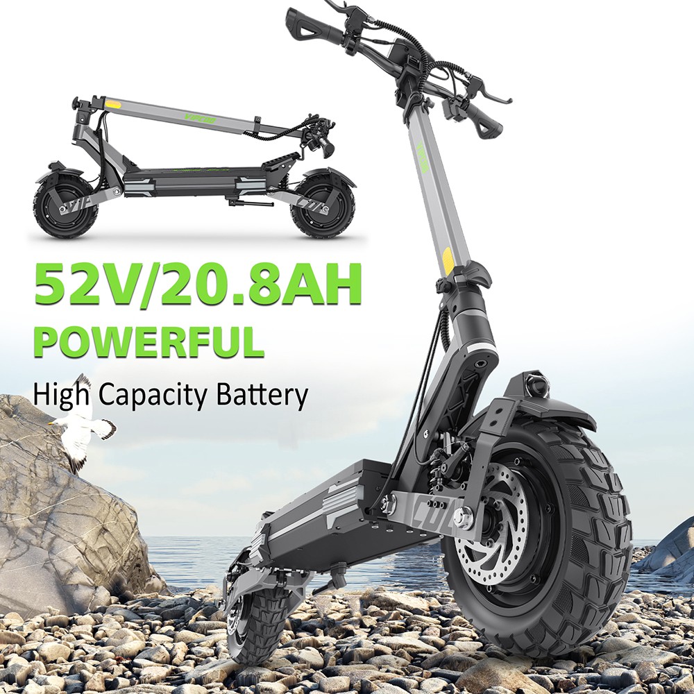 Vipcoo VS6 Pro Electric Scooter, 1200W*2 Motor, 52V 20.8Ah batéria, 10 palcové pneumatiky, max. rýchlosť 25 km/h, dojazd 65 km, predné a zadné mechanické kotúčové brzdy, predné a zadné tlmenie nárazov, LED displej, odomykanie NFC
