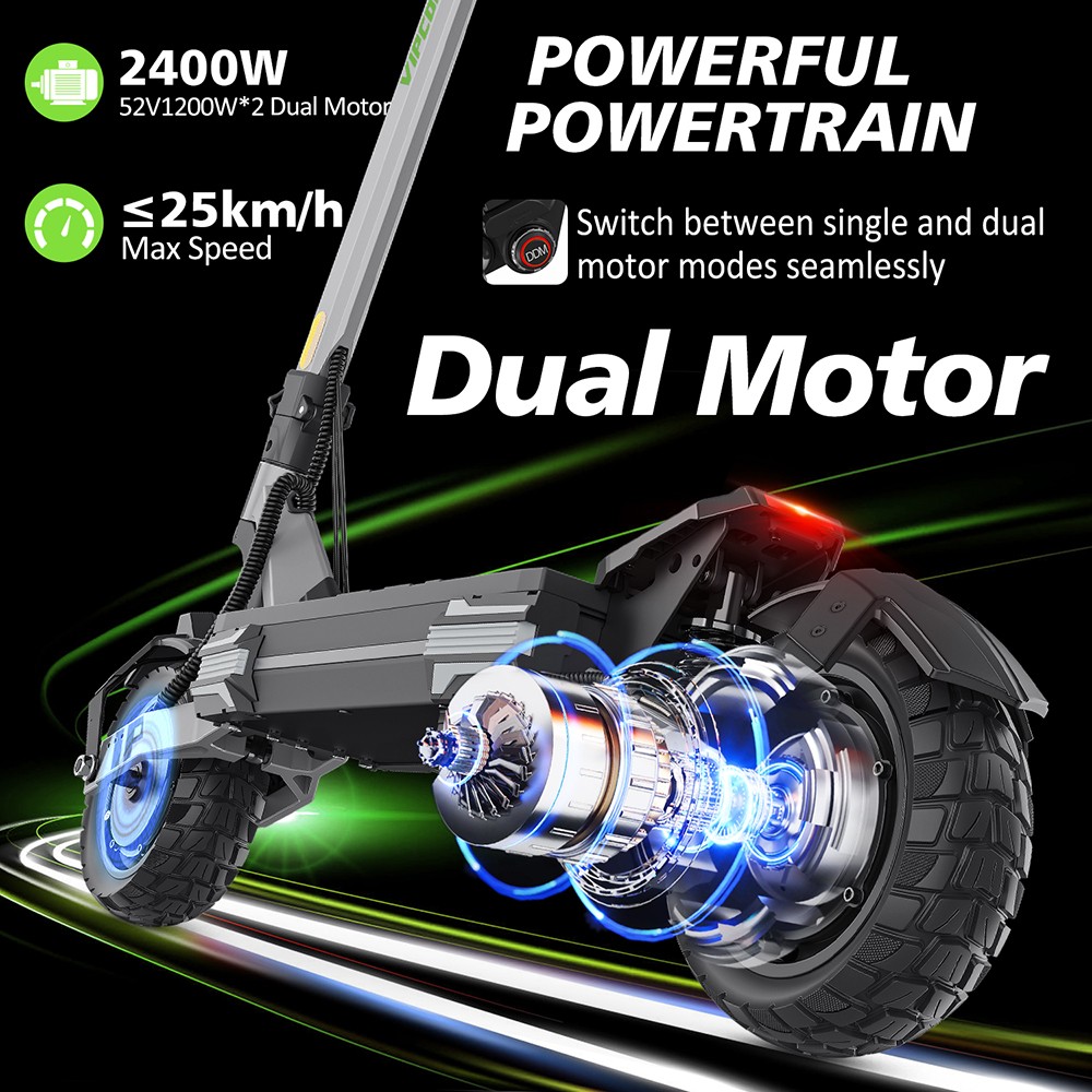 Vipcoo VS6 Pro Electric Scooter, 1200W*2 Motor, 52V 20.8Ah batéria, 10 palcové pneumatiky, max. rýchlosť 25 km/h, dojazd 65 km, predné a zadné mechanické kotúčové brzdy, predné a zadné tlmenie nárazov, LED displej, odomykanie NFC