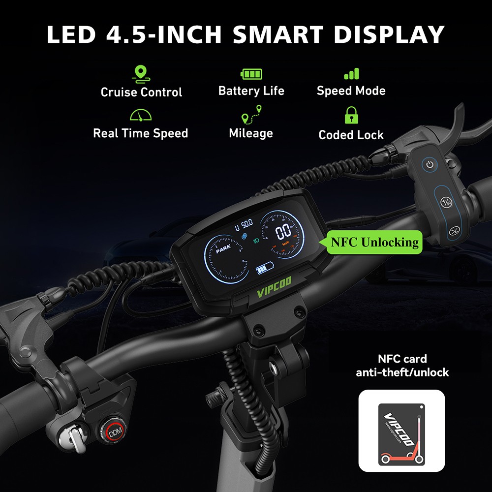 Vipcoo VS6 Pro Electric Scooter, 1200W*2 Motor, 52V 20.8Ah batéria, 10 palcové pneumatiky, max. rýchlosť 25 km/h, dojazd 65 km, predné a zadné mechanické kotúčové brzdy, predné a zadné tlmenie nárazov, LED displej, odomykanie NFC