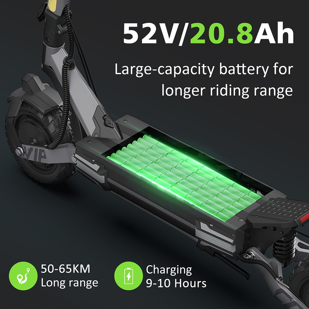Vipcoo VS6 Pro Electric Scooter, 1200W*2 Motor, 52V 20.8Ah batéria, 10-palcové pneumatiky, max. rýchlosť 25 km/h, dojazd 65 km, predné a zadné mechanické kotúčové brzdy, predné a zadné tlmenie nárazov, LED displej, NFC odomykanie