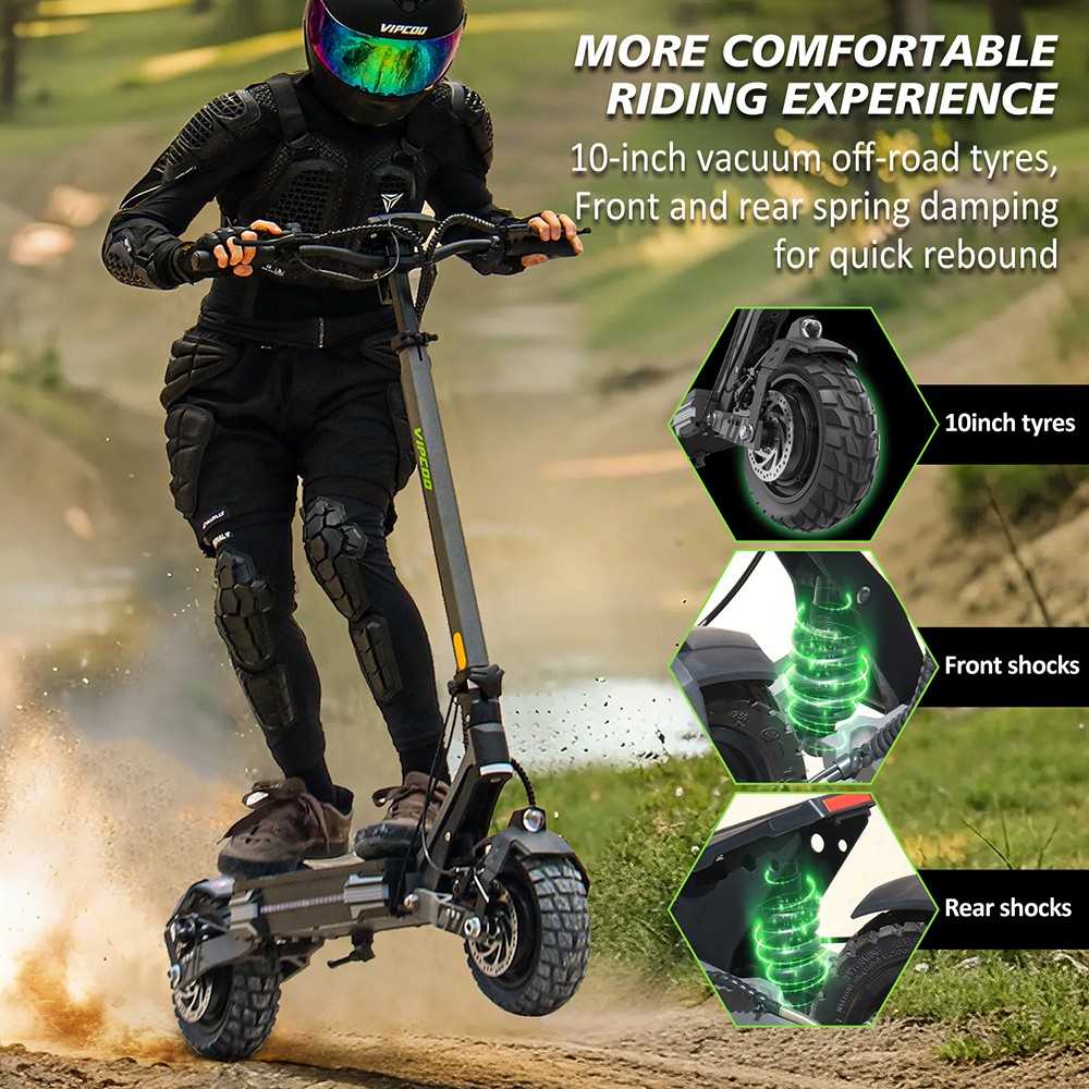 Vipcoo VS6 Pro Electric Scooter, 1200W*2 Motor, 52V 20.8Ah batéria, 10-palcové pneumatiky, max. rýchlosť 25 km/h, dojazd 65 km, predné a zadné mechanické kotúčové brzdy, predné a zadné tlmenie nárazov, LED displej, NFC odomykanie